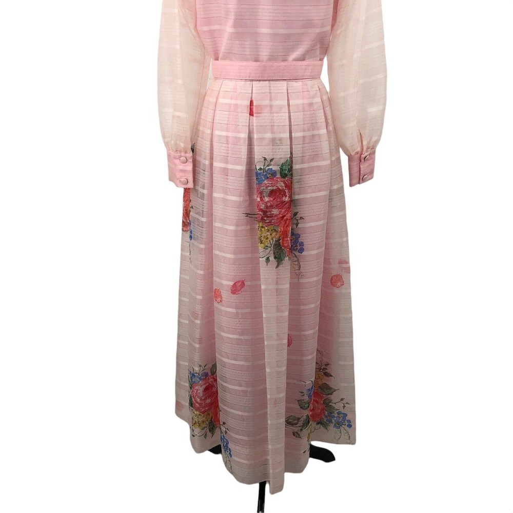 Vintage 60s Pink Stripe Floral Maxi Dress Roses Sheer Layered Mad Men Belted SzS - Picture 3 of 12
